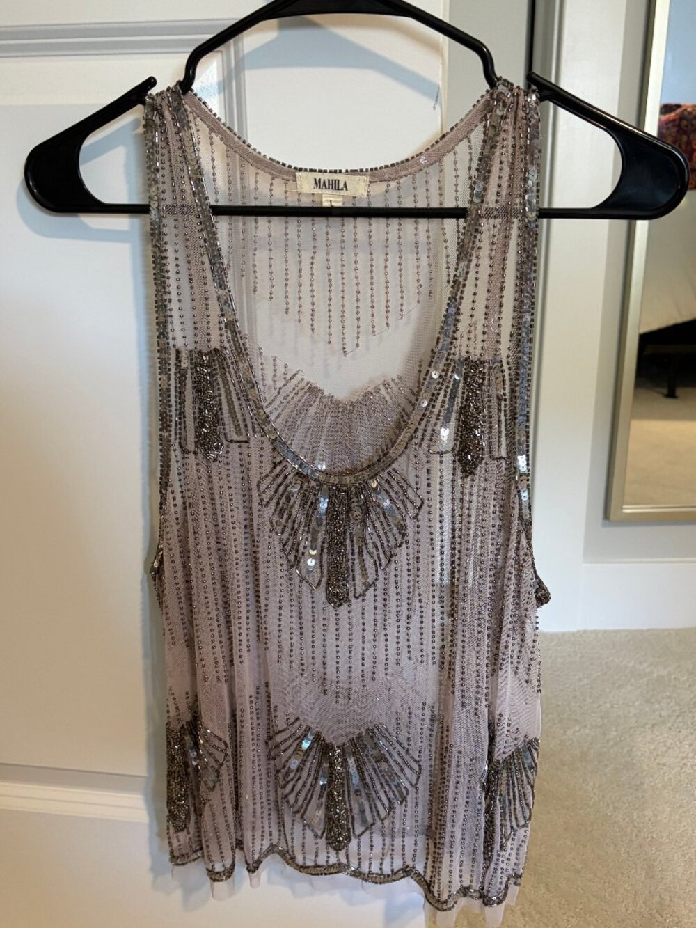 Mahila Sheer Embellished Gray Tank Top Size Large